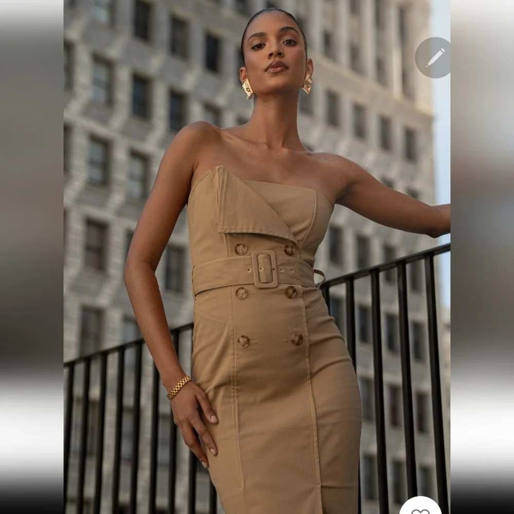 JLUXLABEL Khaki Asymmetric Belted Midi Dress M Strapless Trench Chic NWT No Belt - Picture 2 of 16